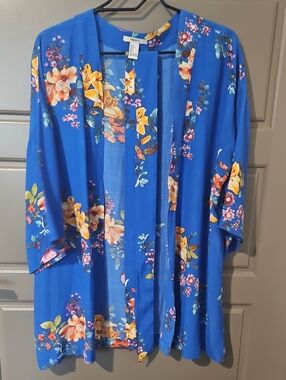 Forever 21 Royal Blue Floral Open Kimono With Tie Belt